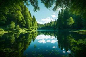 A lake surrounded by trees and green grass photo