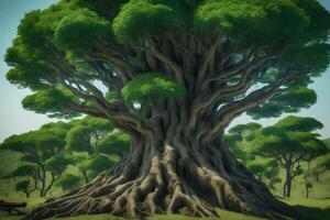 A large tree with many large roots in the middle of a field photo