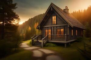 A small cabin in the woods at sunset photo