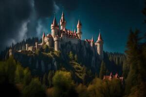 A castle sits on top of a hill with dark clouds photo