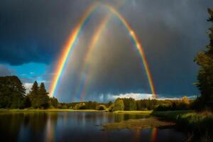 Two rainbows are seen over a lake photo