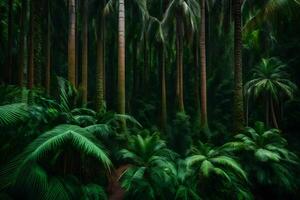 A tropical forest with palm trees and tall trees photo