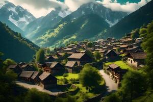 A village in the mountains with green trees and mountains photo