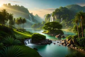 A tropical landscape with waterfalls and palm trees photo