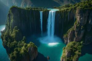 A waterfall in the middle of a mountain photo