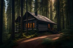 A log cabin in the woods with a path leading to it photo