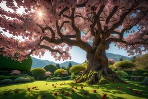 A tree with pink flowers in the middle of a green field photo