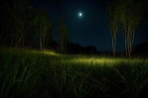 A field with tall grass and trees at night photo