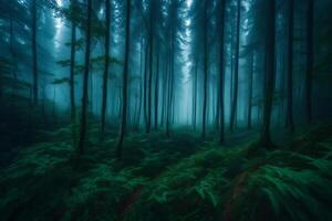 A dark forest with tall trees and ferns photo