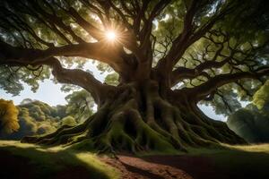 The sun shines through the branches of a large tree photo