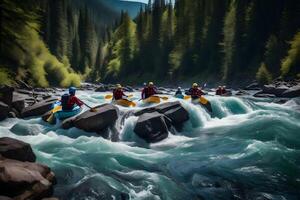 A group of people in kayaks are rafting down a river photo