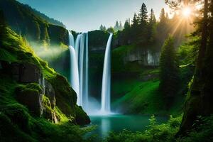 A waterfall in the forest with green trees and water photo