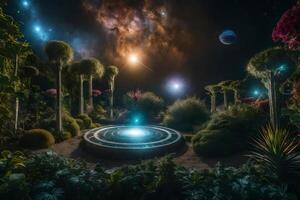 A garden with plants and a fountain photo