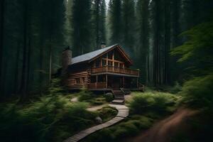 A small cabin in the woods with a path leading to it photo