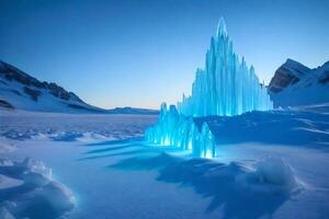 An ice castle is shown in the middle of a snowy field photo