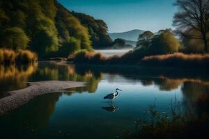 A heron stands in the water near a river photo