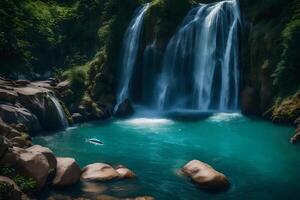 A boat is floating in the water near a waterfall photo