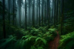 A path through the woods with ferns and trees photo