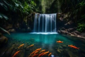 A waterfall and a group of goldfish in the water photo