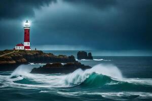 A lighthouse on a stormy day with waves crashing into the ocean photo