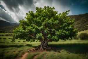 A large tree in the middle of a field photo