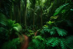 A path through a tropical forest with lush green plants photo