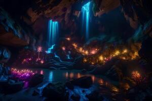 The cave is lit up with colorful lights photo