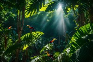 Toucan birds in the jungle with sunlight photo