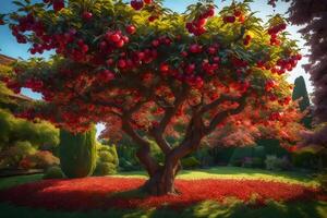 The tree is surrounded by red apples photo