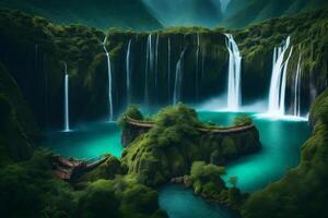 A waterfall in the middle of a green forest photo