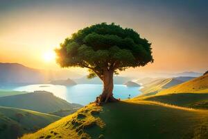A tree stands on a hill overlooking a lake and mountains photo