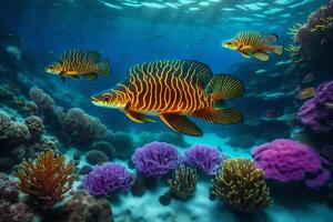 An underwater scene with a large fish and coral photo