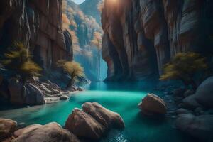A river in a canyon with rocks and trees photo