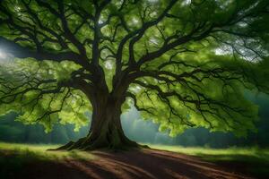 The sun shines through the leaves of a large tree photo