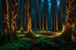 A forest with glowing trees and light photo