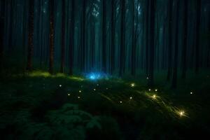 A forest with glowing fireflies in the dark photo