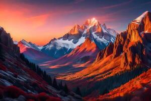 The mountains are painted red and orange photo