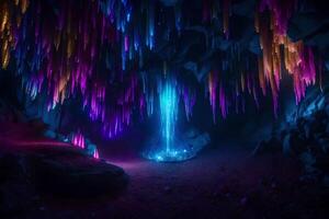 A cave with colorful lights and water photo