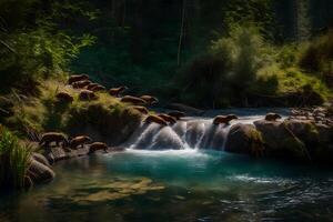 A group of brown bears are standing in the water photo