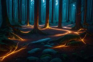 A forest with glowing lights in the middle of it photo