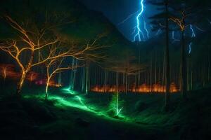 Lightning strikes through the trees in a forest photo