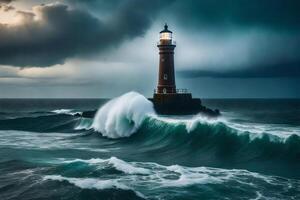 A lighthouse is surrounded by waves and stormy weather photo