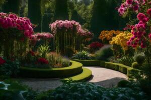 A garden with colorful flowers and trees photo