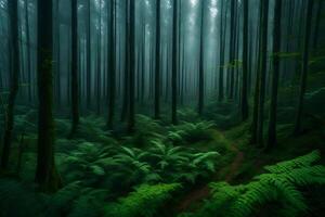 A forest with ferns and trees in the middle of the night photo