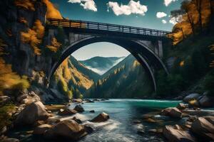 A bridge over a river in the mountains photo