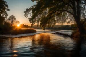 A river at sunset with trees and water photo
