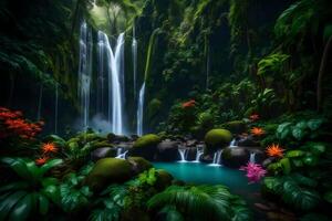 A tropical waterfall surrounded by lush vegetation photo