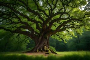 A large tree in the middle of a green field photo