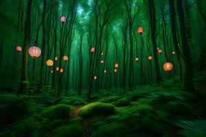 A forest with many lanterns hanging in the air photo