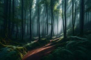 A path through the woods with sunlight shining through the trees photo